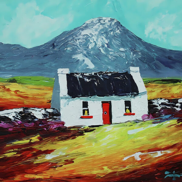 White Cottage and Mount Errigal - framed canvas print