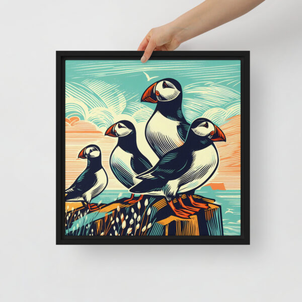 Puffins on Clifftop - framed canvas print - Image 2